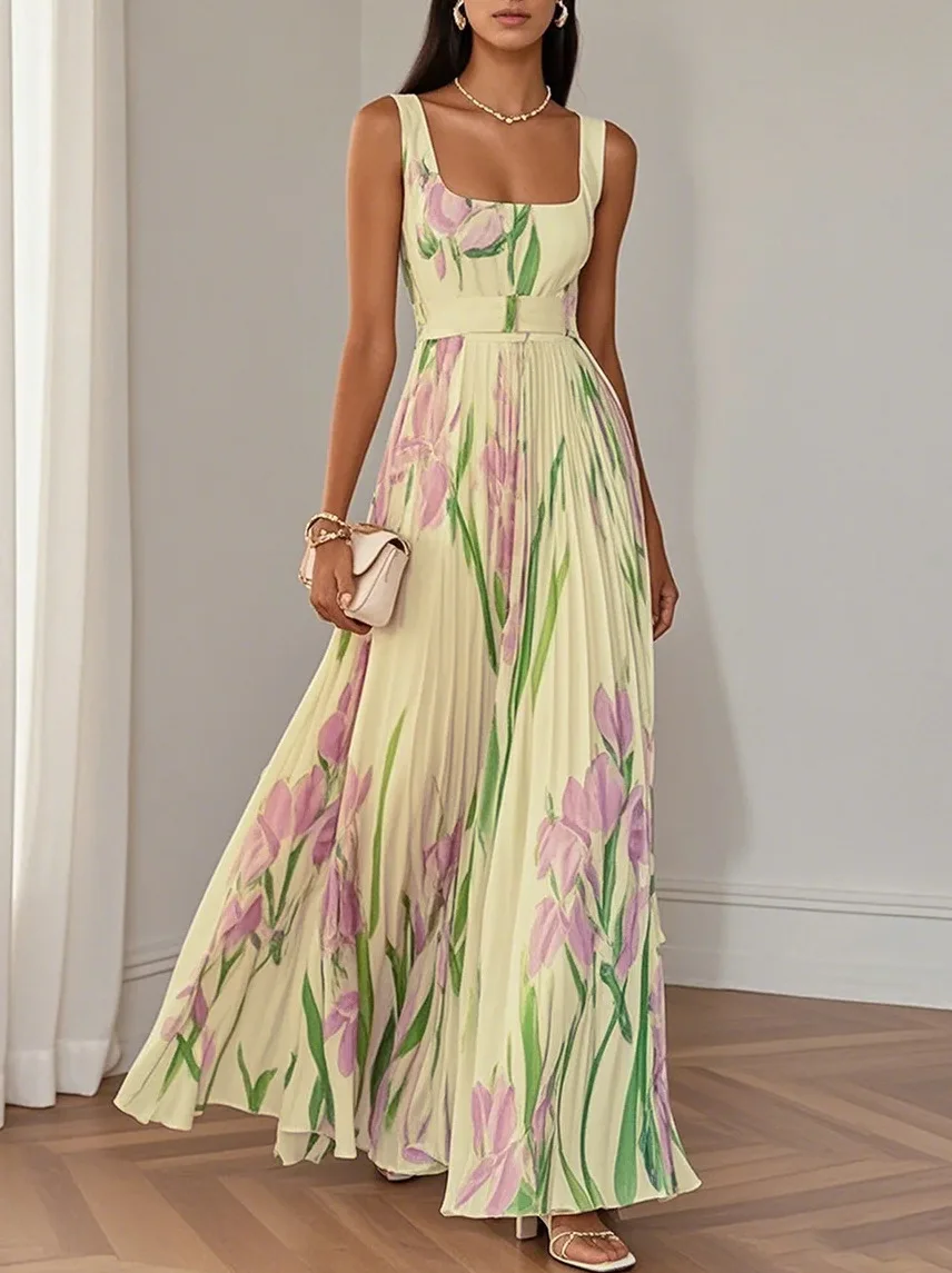 2026 Spring Summer Women's Fashion Strap Digital Print Pleated Floral Long Dress Sleeveless Square Neck High Waist Spring Summer