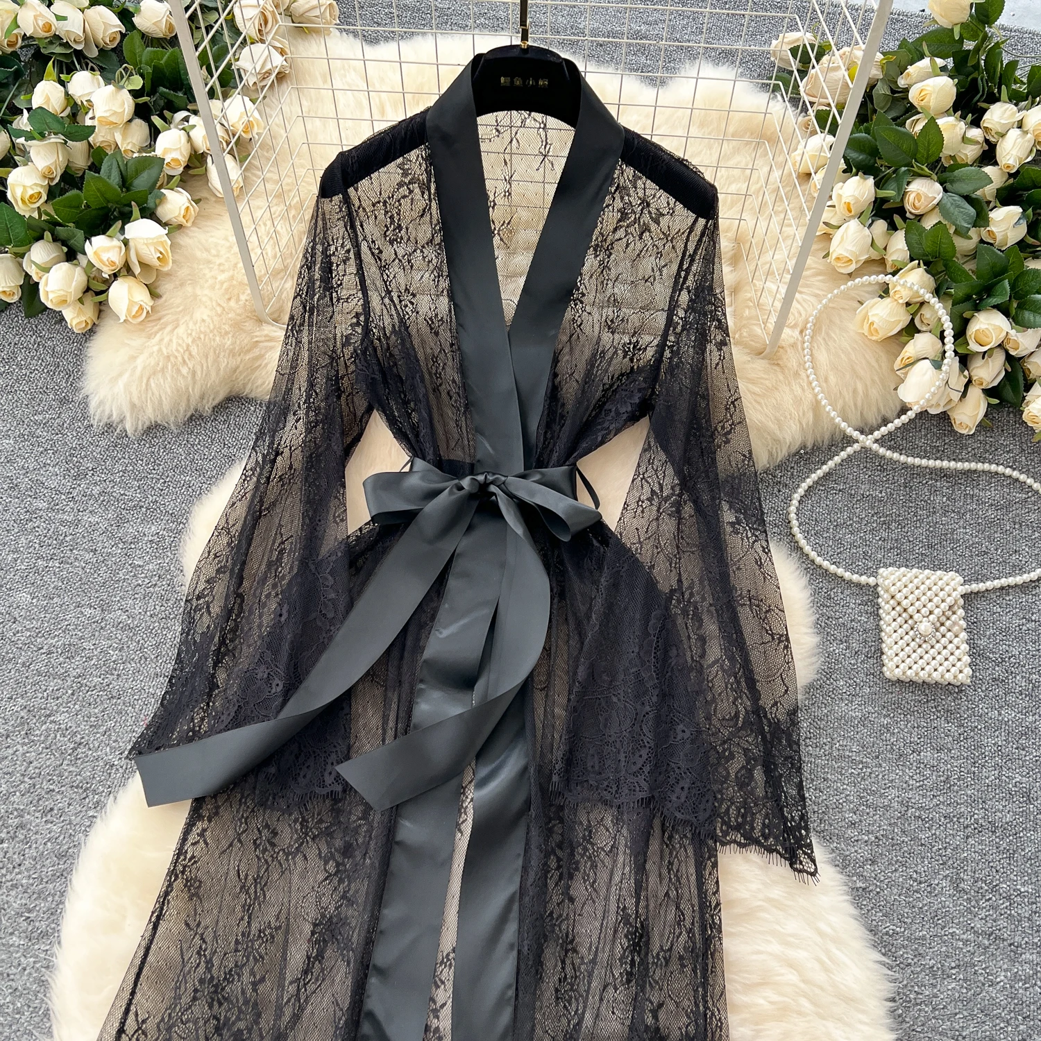 Sexy Long Coats for Women Vintage Lace Sheer Lace-up V-neck Long Sleeve Female Elegant Cardigans Aesthetic Clothes Dropshipping