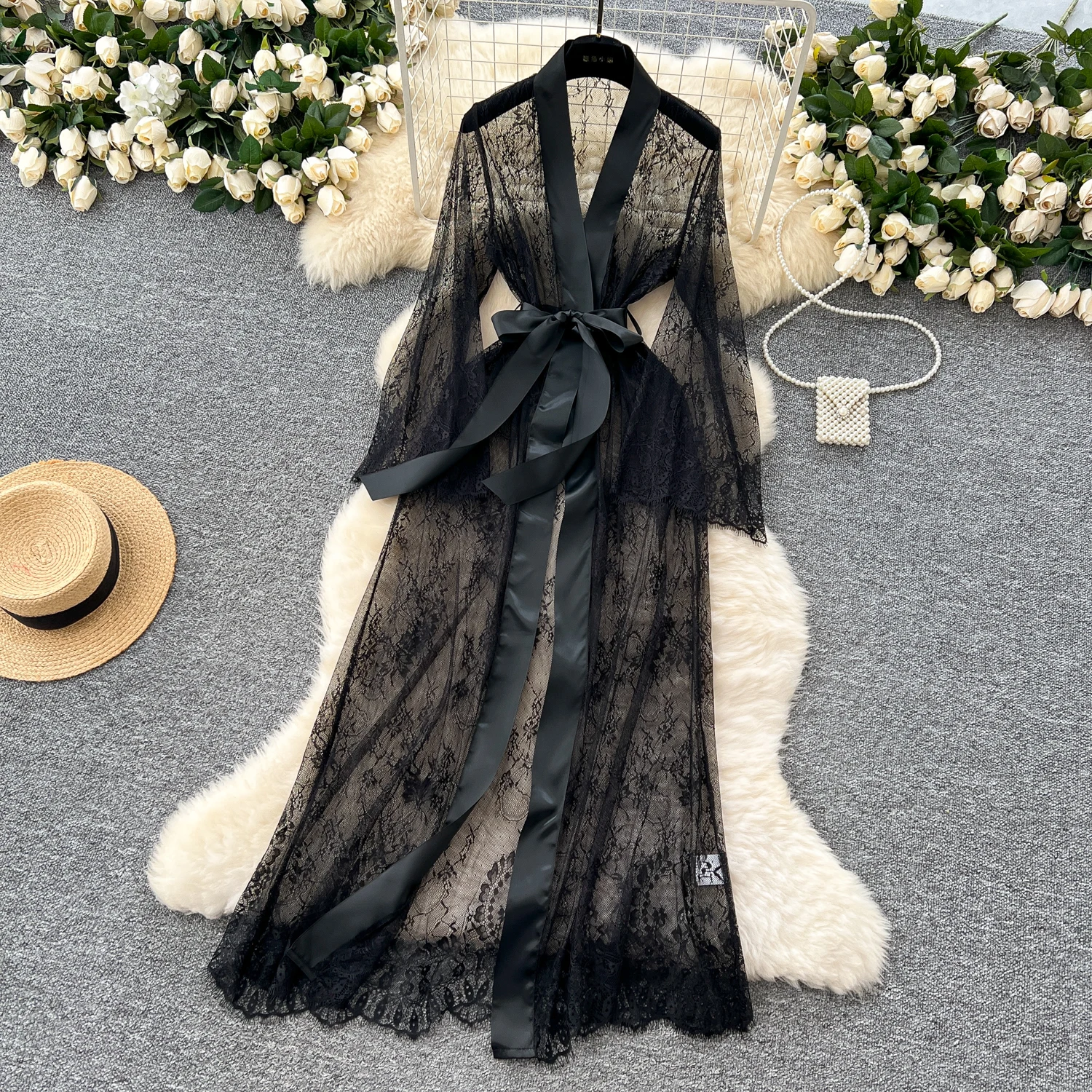 Sexy Long Coats for Women Vintage Lace Sheer Lace-up V-neck Long Sleeve Female Elegant Cardigans Aesthetic Clothes Dropshipping