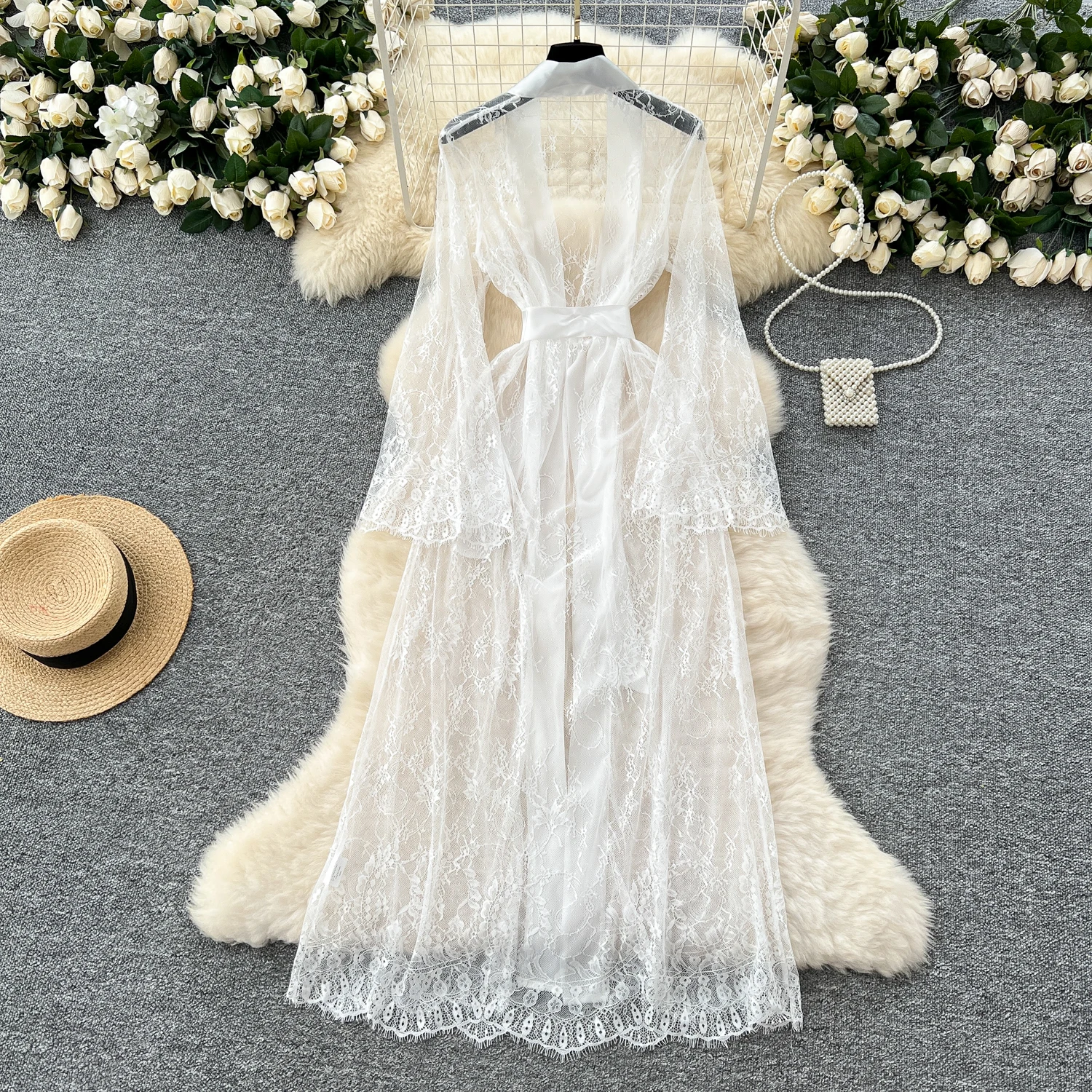 Sexy Long Coats for Women Vintage Lace Sheer Lace-up V-neck Long Sleeve Female Elegant Cardigans Aesthetic Clothes Dropshipping