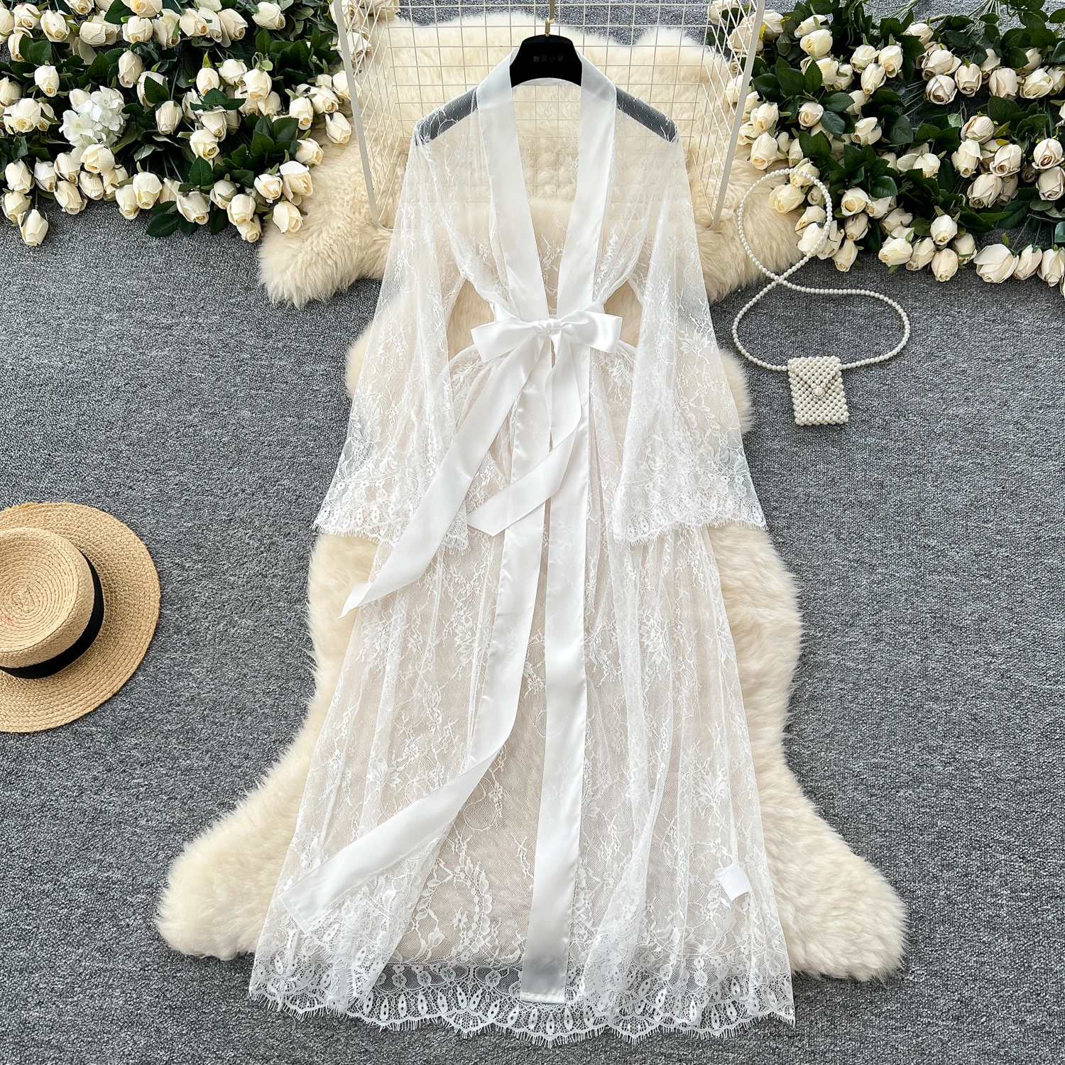 Sexy Long Coats for Women Vintage Lace Sheer Lace-up V-neck Long Sleeve Female Elegant Cardigans Aesthetic Clothes Dropshipping