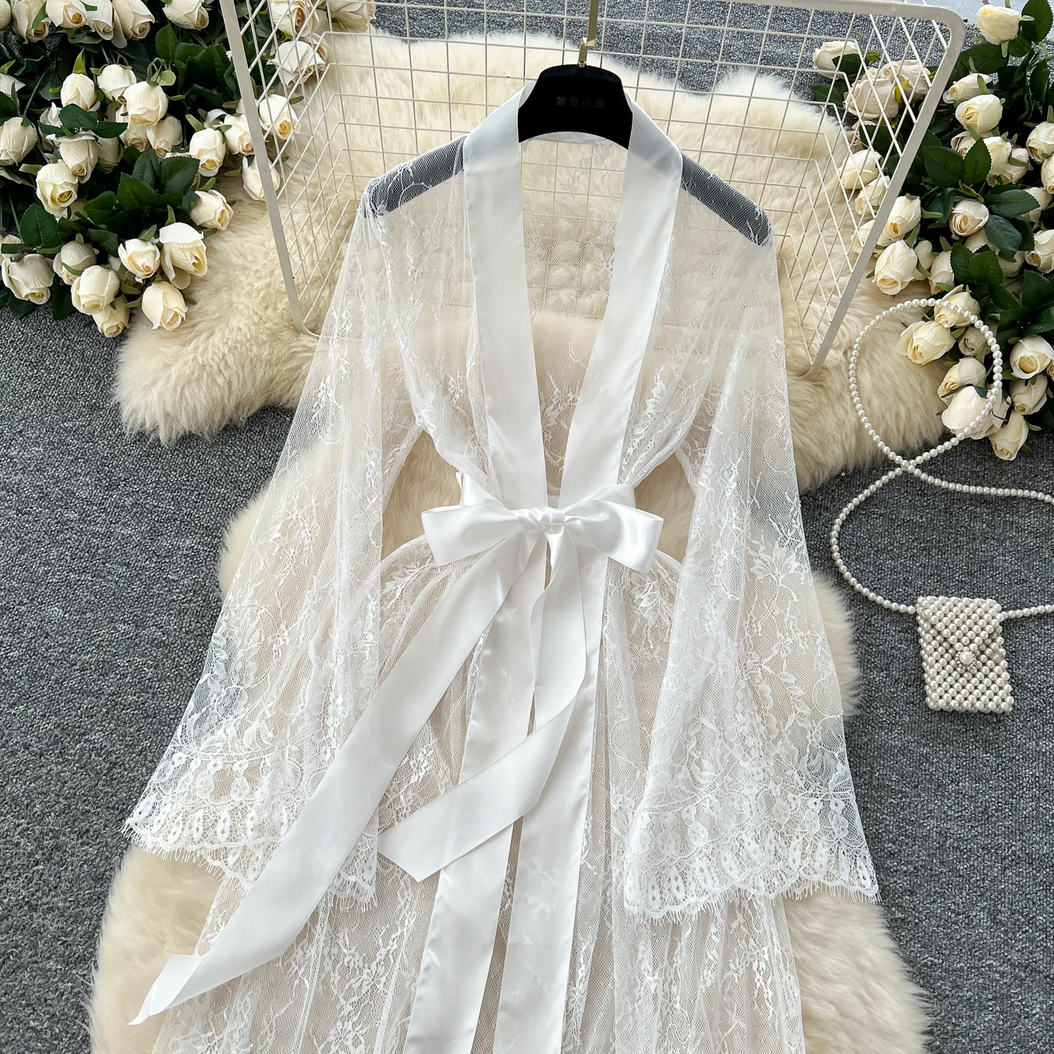 Sexy Long Coats for Women Vintage Lace Sheer Lace-up V-neck Long Sleeve Female Elegant Cardigans Aesthetic Clothes Dropshipping