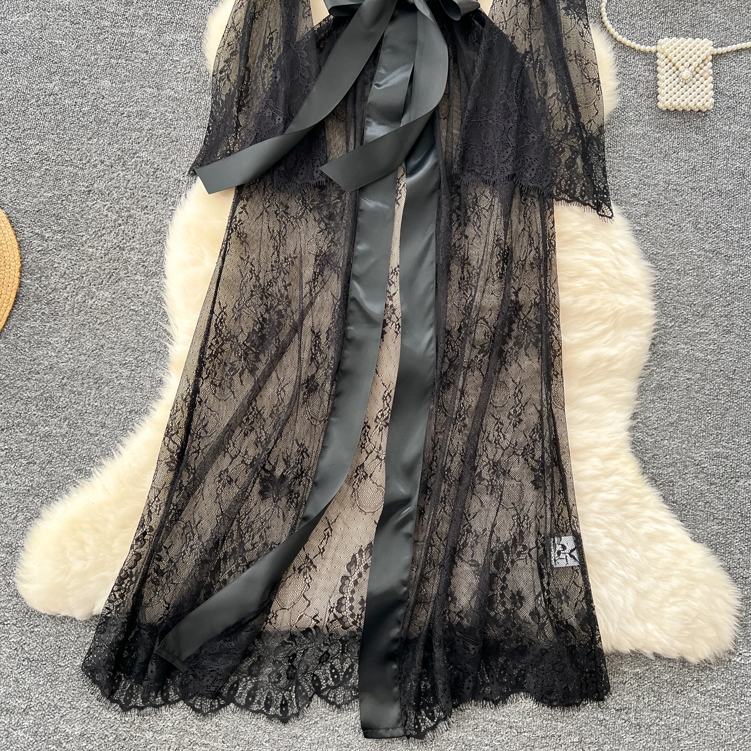 Sexy Long Coats for Women Vintage Lace Sheer Lace-up V-neck Long Sleeve Female Elegant Cardigans Aesthetic Clothes Dropshipping