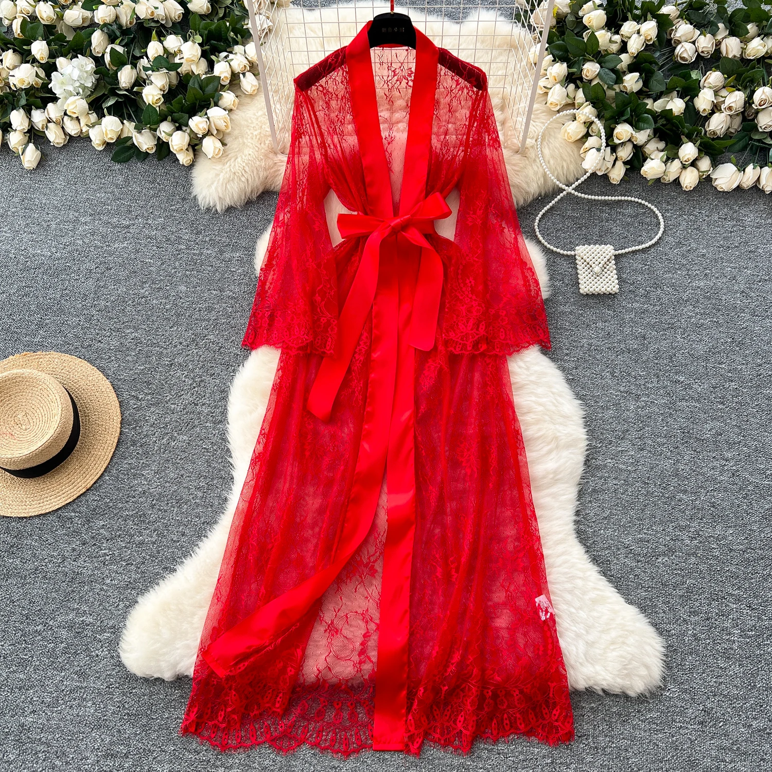 Sexy Long Coats for Women Vintage Lace Sheer Lace-up V-neck Long Sleeve Female Elegant Cardigans Aesthetic Clothes Dropshipping