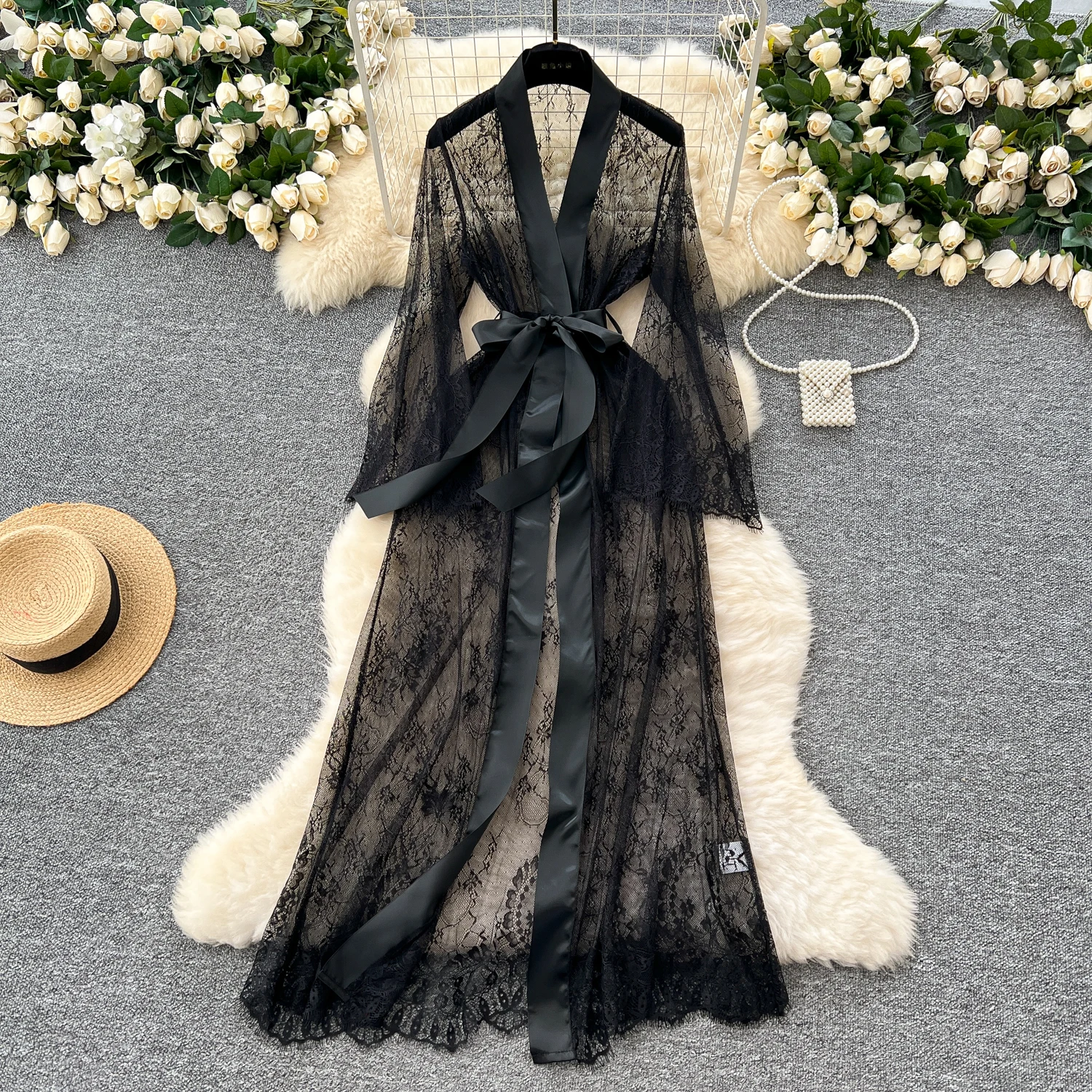 Sexy Long Coats for Women Vintage Lace Sheer Lace-up V-neck Long Sleeve Female Elegant Cardigans Aesthetic Clothes Dropshipping