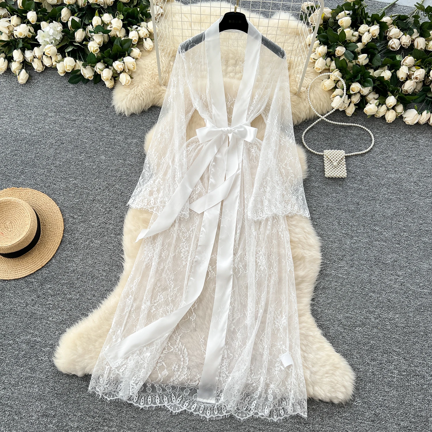 Sexy Long Coats for Women Vintage Lace Sheer Lace-up V-neck Long Sleeve Female Elegant Cardigans Aesthetic Clothes Dropshipping