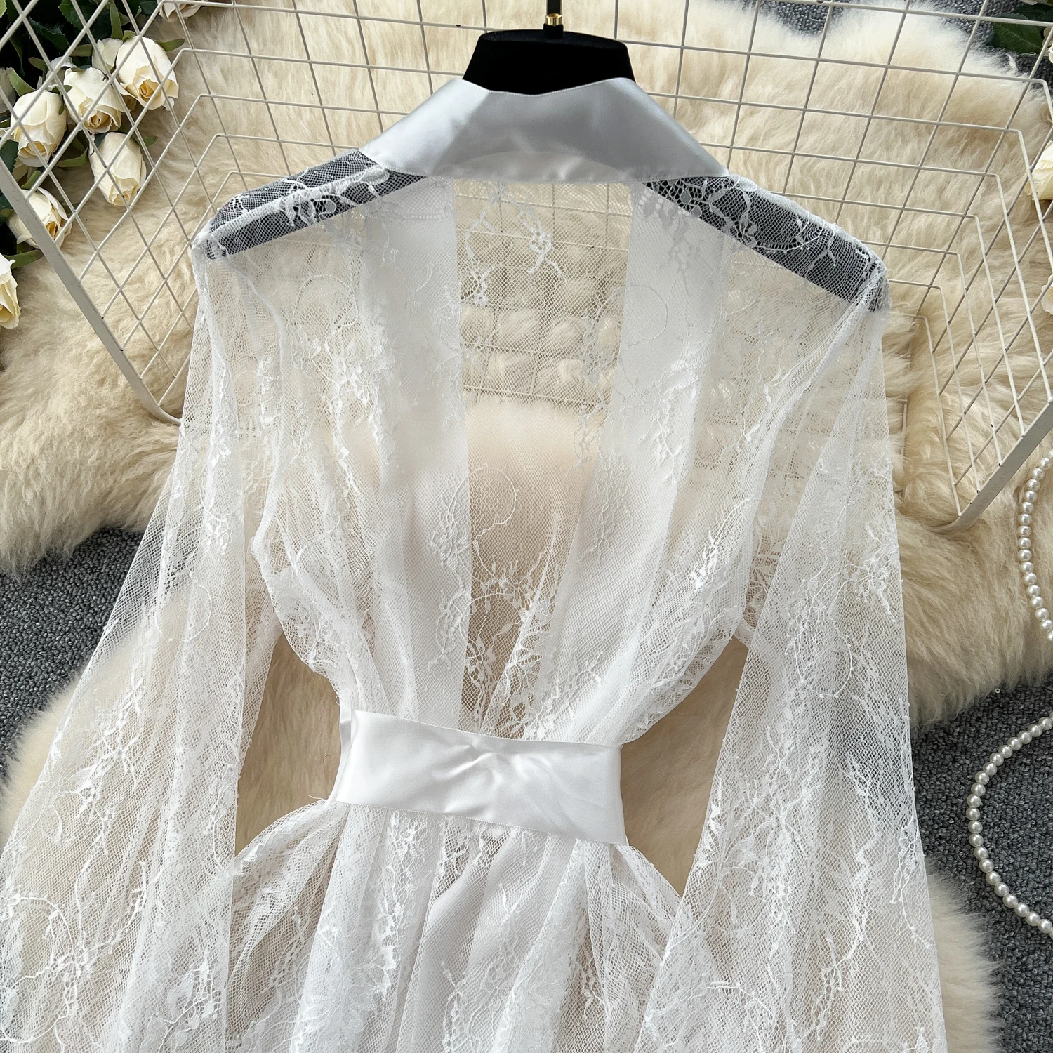 Sexy Long Coats for Women Vintage Lace Sheer Lace-up V-neck Long Sleeve Female Elegant Cardigans Aesthetic Clothes Dropshipping