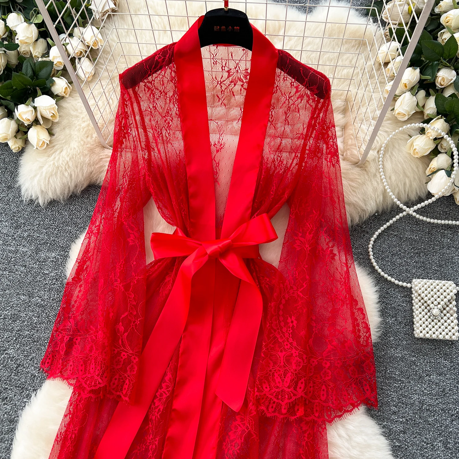 Sexy Long Coats for Women Vintage Lace Sheer Lace-up V-neck Long Sleeve Female Elegant Cardigans Aesthetic Clothes Dropshipping