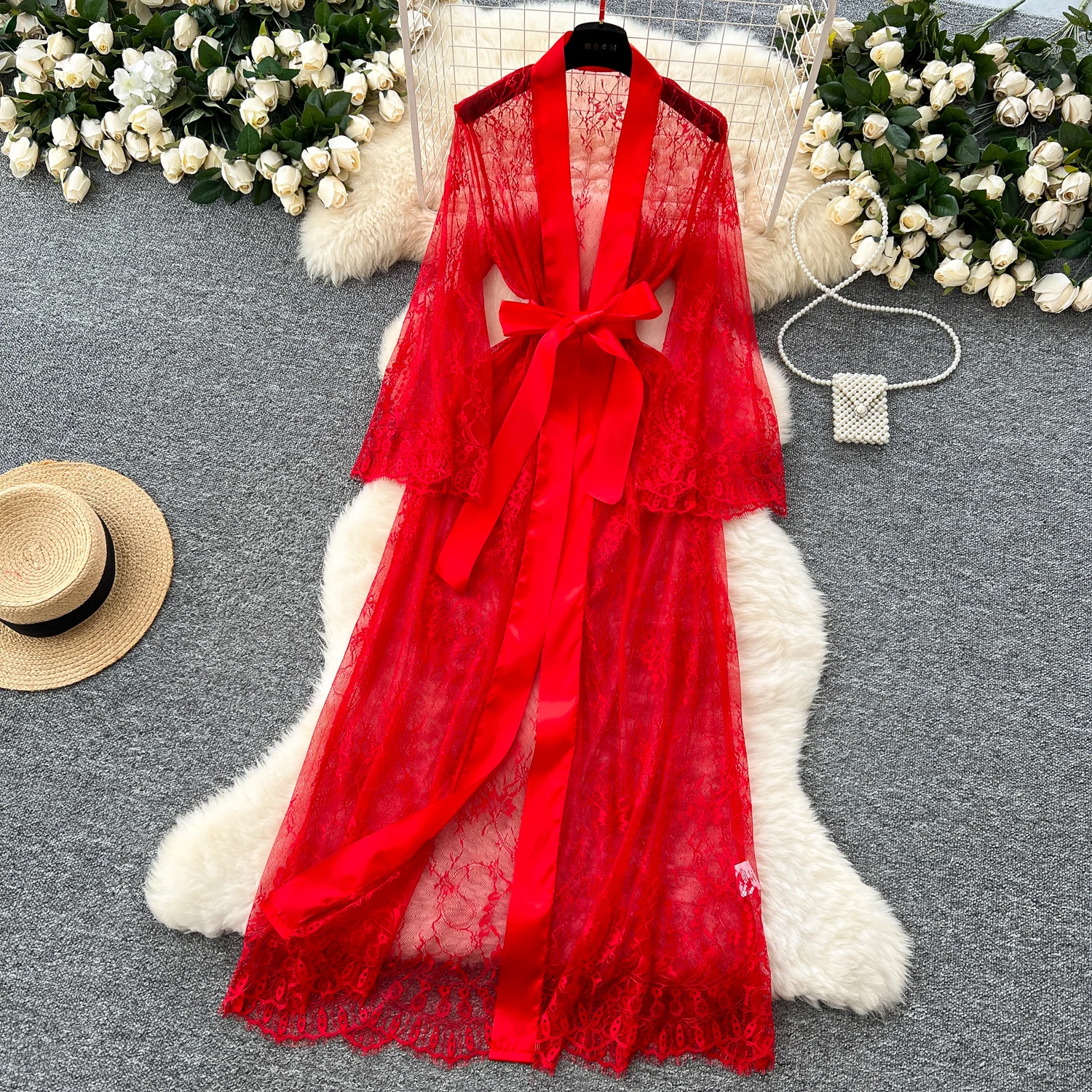 Sexy Long Coats for Women Vintage Lace Sheer Lace-up V-neck Long Sleeve Female Elegant Cardigans Aesthetic Clothes Dropshipping