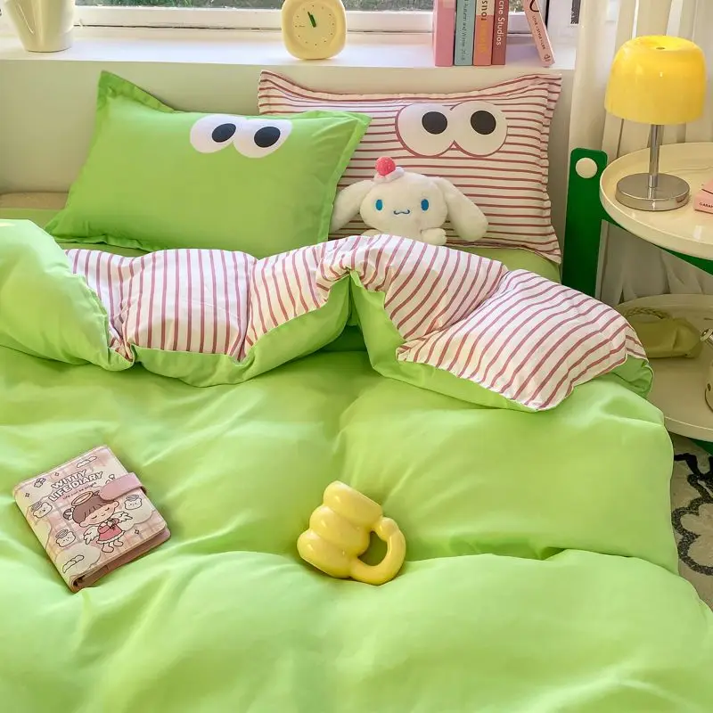 Cute Korean Style Duvet Cover Set No Filler Green Pink Mix Color Flat Sheet Pillowcases Polyester Twin Queen Size Bed Linens