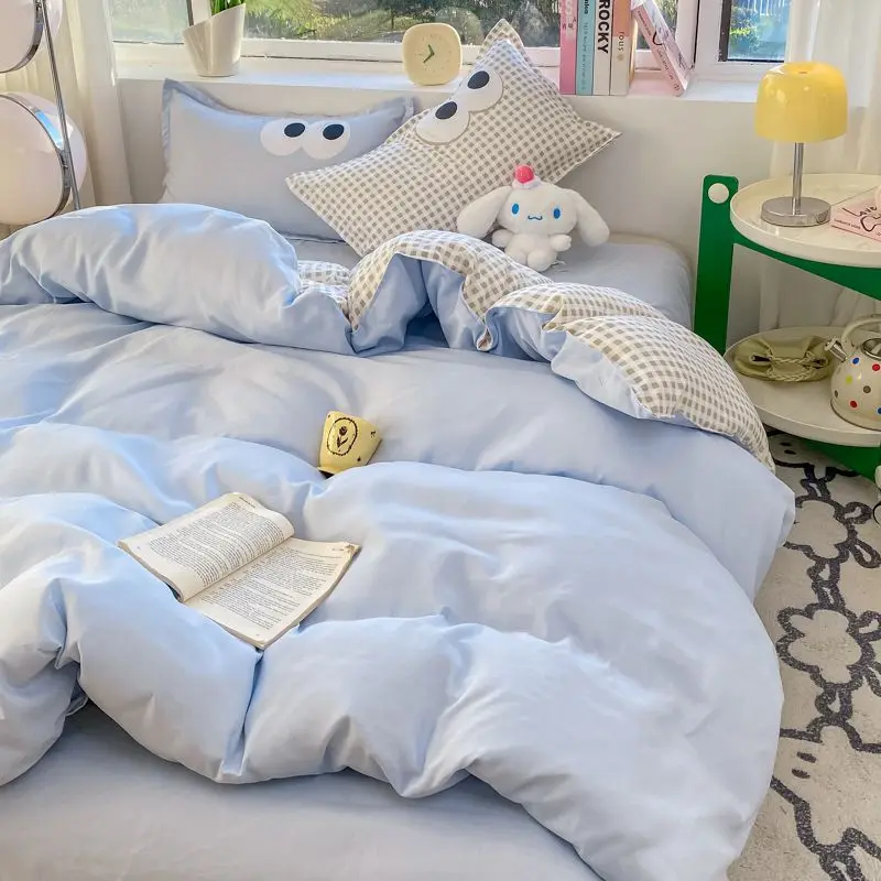 Cute Korean Style Duvet Cover Set No Filler Green Pink Mix Color Flat Sheet Pillowcases Polyester Twin Queen Size Bed Linens