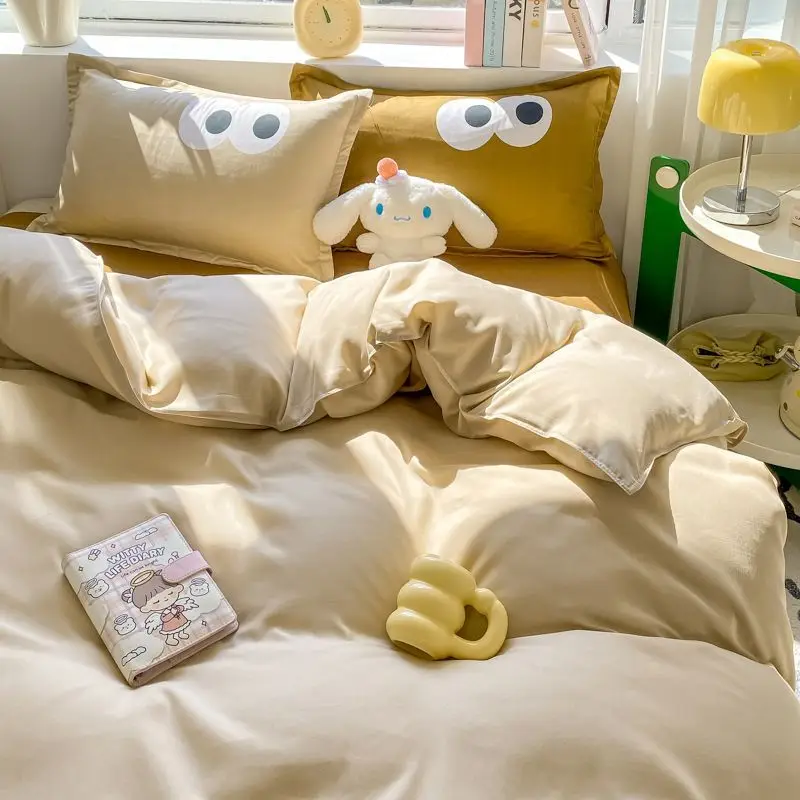 Cute Korean Style Duvet Cover Set No Filler Green Pink Mix Color Flat Sheet Pillowcases Polyester Twin Queen Size Bed Linens