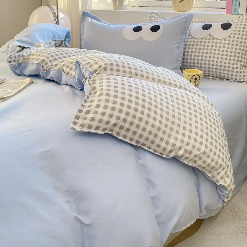 Cute Korean Style Duvet Cover Set No Filler Green Pink Mix Color Flat Sheet Pillowcases Polyester Twin Queen Size Bed Linens