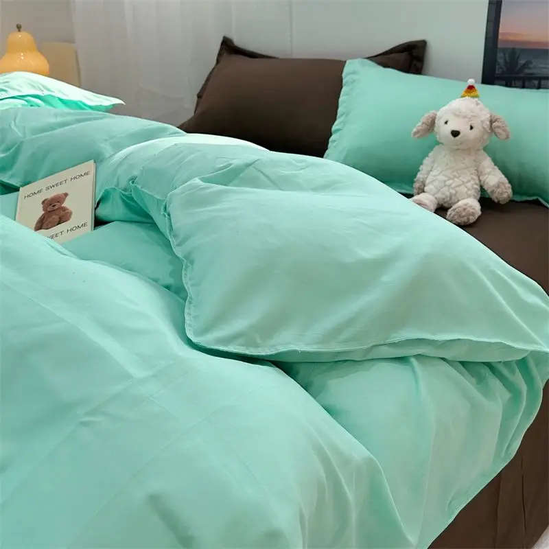 Cute Korean Style Duvet Cover Set No Filler Green Pink Mix Color Flat Sheet Pillowcases Polyester Twin Queen Size Bed Linens