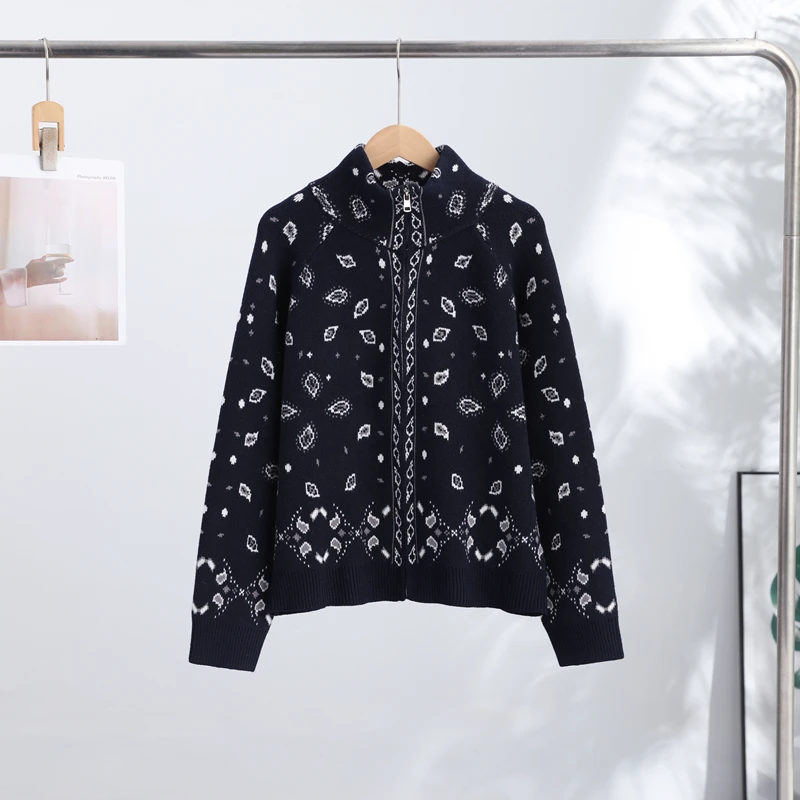 Fashion Knit Printed Sweater Women's Stand Collar Long Sleeve Zippers Vintage Style Cardigan 2026 Autumn New Lady Casual Top ﻿