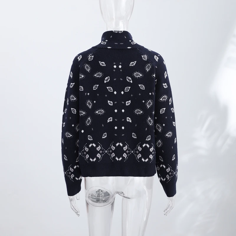 Fashion Knit Printed Sweater Women's Stand Collar Long Sleeve Zippers Vintage Style Cardigan 2026 Autumn New Lady Casual Top 