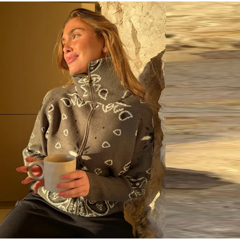 Fashion Knit Printed Sweater Women's Stand Collar Long Sleeve Zippers Vintage Style Cardigan 2026 Autumn New Lady Casual Top ﻿