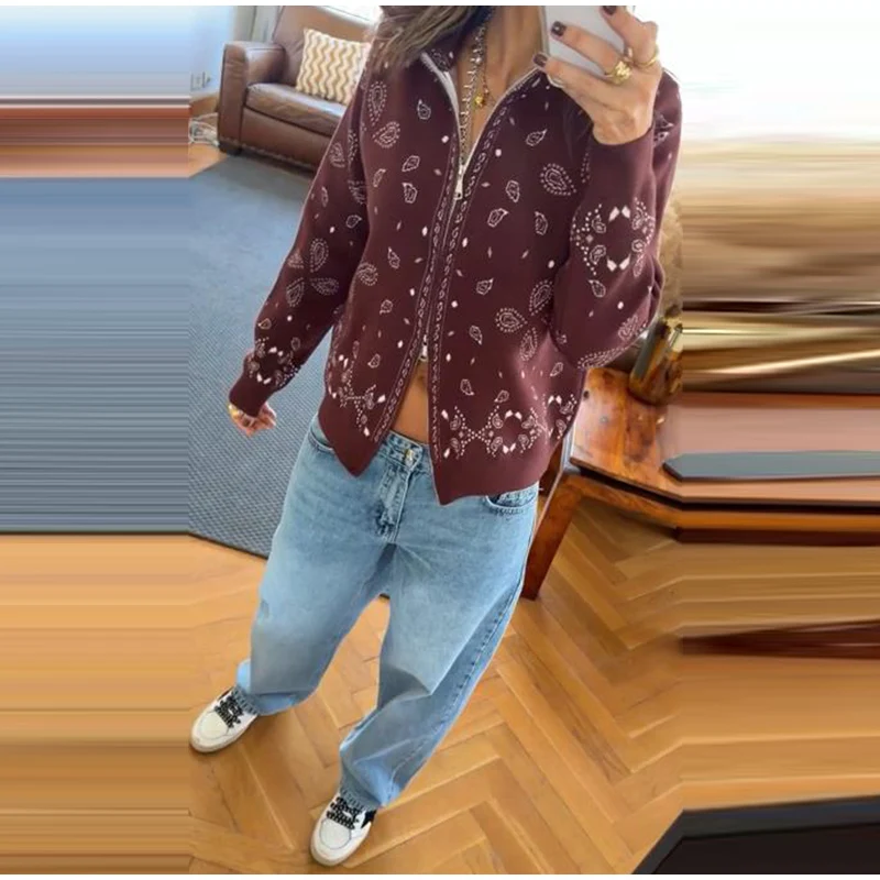 Fashion Knit Printed Sweater Women's Stand Collar Long Sleeve Zippers Vintage Style Cardigan 2026 Autumn New Lady Casual Top ﻿