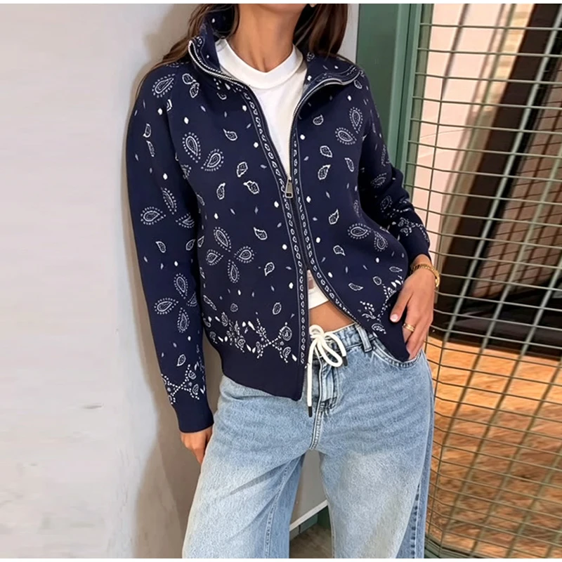 Fashion Knit Printed Sweater Women's Stand Collar Long Sleeve Zippers Vintage Style Cardigan 2026 Autumn New Lady Casual Top ﻿