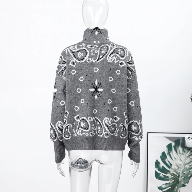 Fashion Knit Printed Sweater Women's Stand Collar Long Sleeve Zippers Vintage Style Cardigan 2026 Autumn New Lady Casual Top ﻿