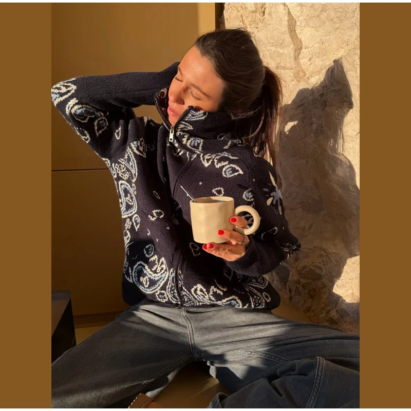 Fashion Knit Printed Sweater Women's Stand Collar Long Sleeve Zippers Vintage Style Cardigan 2026 Autumn New Lady Casual Top 