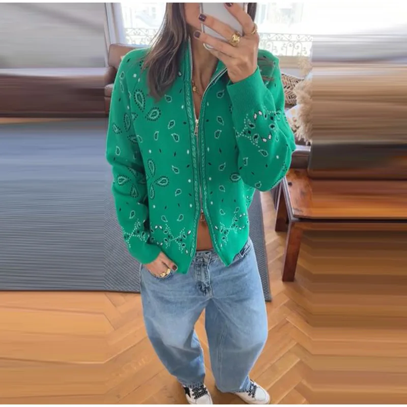 Fashion Knit Printed Sweater Women's Stand Collar Long Sleeve Zippers Vintage Style Cardigan 2026 Autumn New Lady Casual Top ﻿