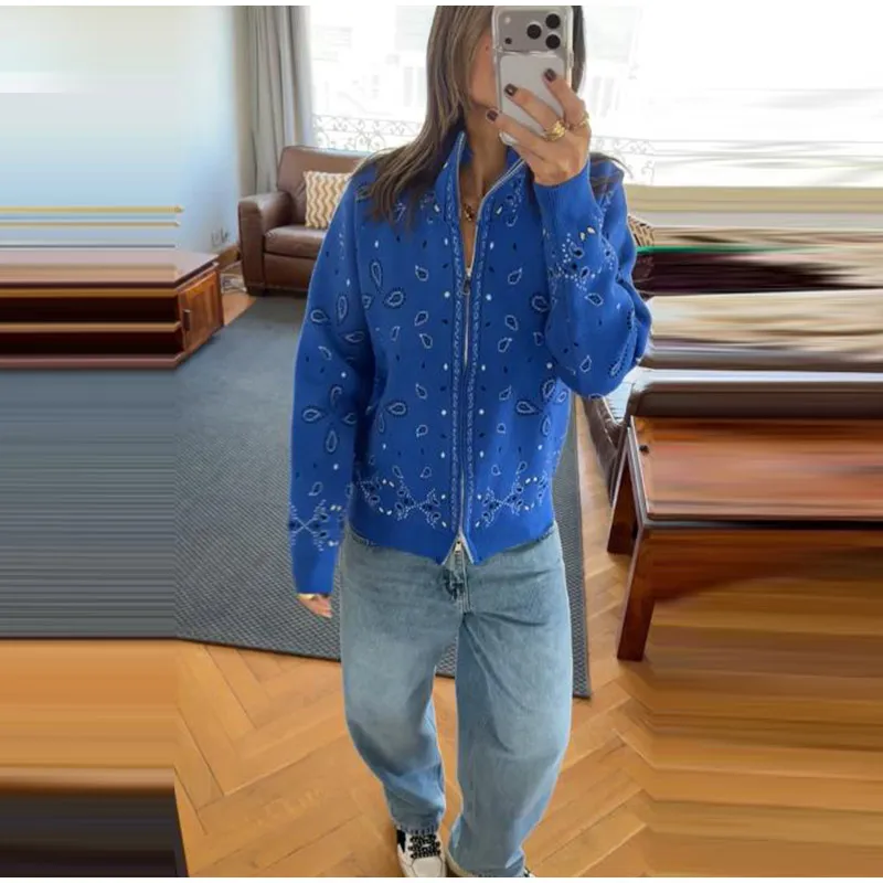 Fashion Knit Printed Sweater Women's Stand Collar Long Sleeve Zippers Vintage Style Cardigan 2026 Autumn New Lady Casual Top ﻿