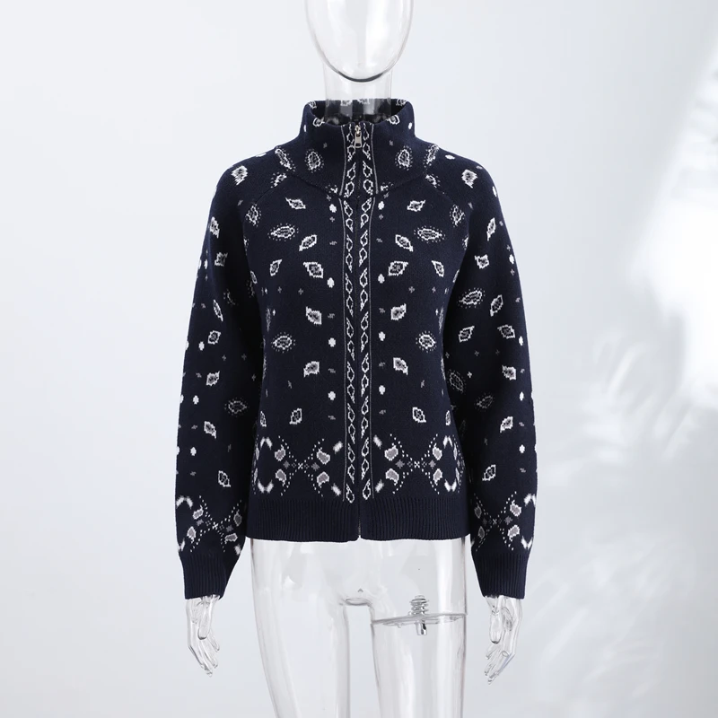 Fashion Knit Printed Sweater Women's Stand Collar Long Sleeve Zippers Vintage Style Cardigan 2026 Autumn New Lady Casual Top 