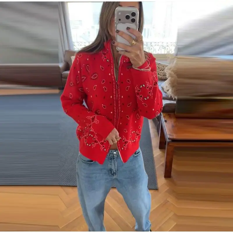 Fashion Knit Printed Sweater Women's Stand Collar Long Sleeve Zippers Vintage Style Cardigan 2026 Autumn New Lady Casual Top 