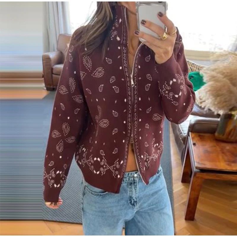 Fashion Knit Printed Sweater Women's Stand Collar Long Sleeve Zippers Vintage Style Cardigan 2026 Autumn New Lady Casual Top 