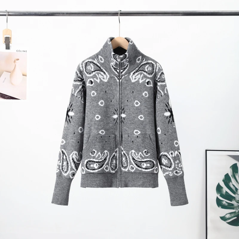 Fashion Knit Printed Sweater Women's Stand Collar Long Sleeve Zippers Vintage Style Cardigan 2026 Autumn New Lady Casual Top ﻿