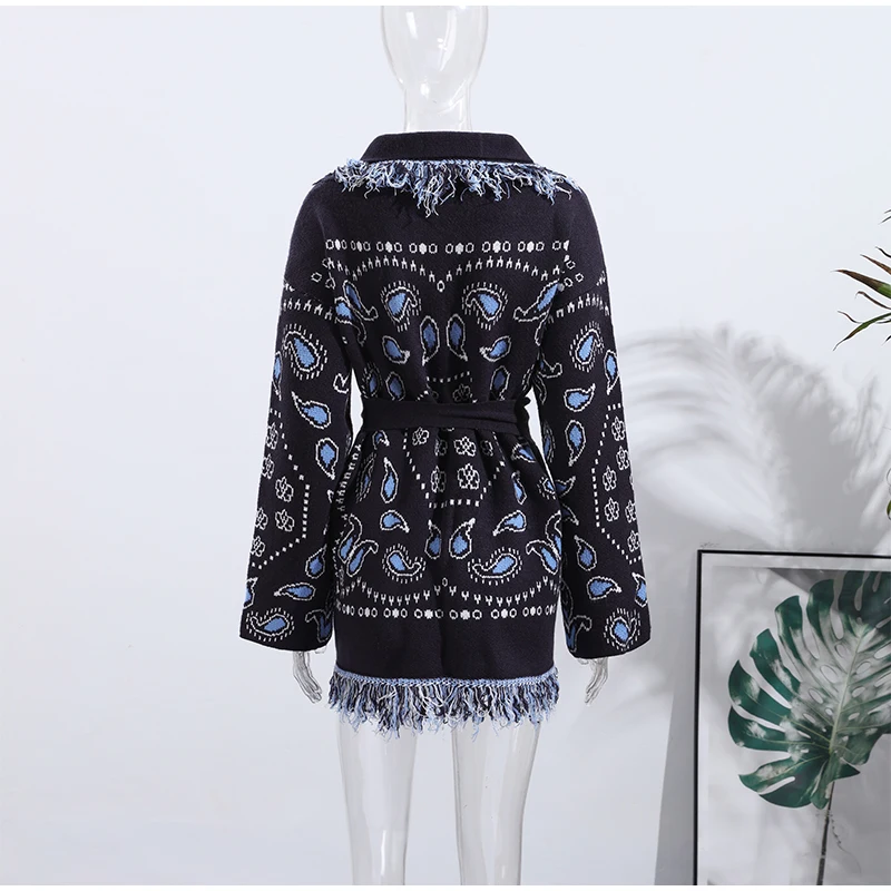 Vintage Tassels Print Women's Print Cardigan V-Neck Lace Up Full Sleeve Spliced Sweaters 2025 Autumn Lady All-match Kintwears