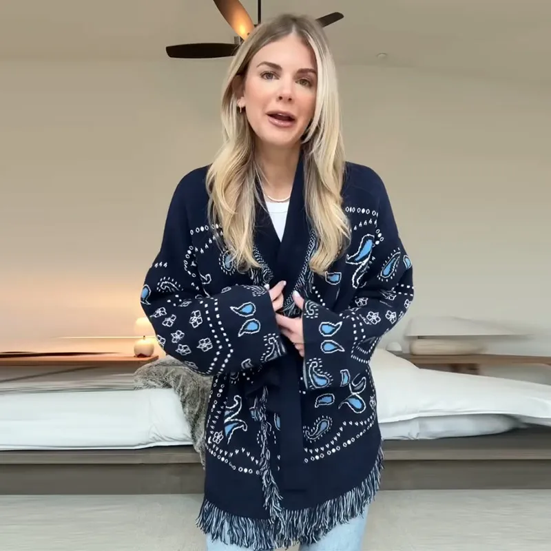Vintage Tassels Print Women's Print Cardigan V-Neck Lace Up Full Sleeve Spliced Sweaters 2025 Autumn Lady All-match Kintwears