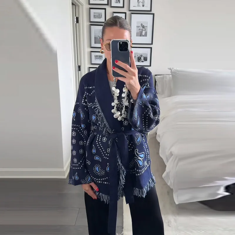 Vintage Tassels Print Women's Print Cardigan V-Neck Lace Up Full Sleeve Spliced Sweaters 2025 Autumn Lady All-match Kintwears