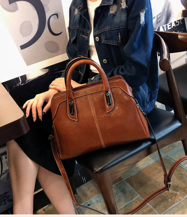 Genuine Leather Women Handbag Top Handle Shoulder Cross Body Bag Fashion Oil Wax Cowhide Purses and Handbags Messenger Tote Bags