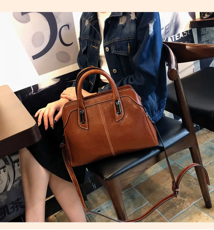 Genuine Leather Women Handbag Top Handle Shoulder Cross Body Bag Fashion Oil Wax Cowhide Purses and Handbags Messenger Tote Bags