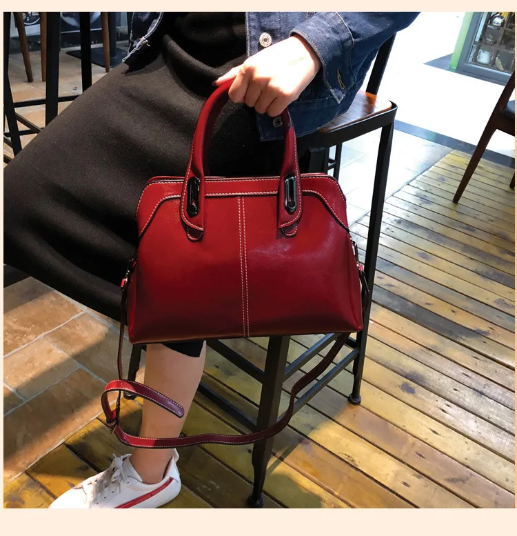 Genuine Leather Women Handbag Top Handle Shoulder Cross Body Bag Fashion Oil Wax Cowhide Purses and Handbags Messenger Tote Bags