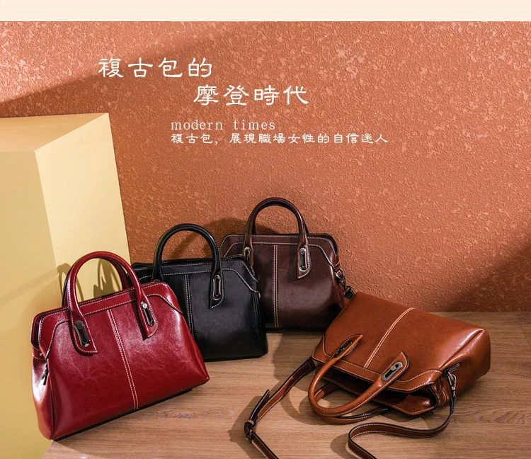 Genuine Leather Women Handbag Top Handle Shoulder Cross Body Bag Fashion Oil Wax Cowhide Purses and Handbags Messenger Tote Bags