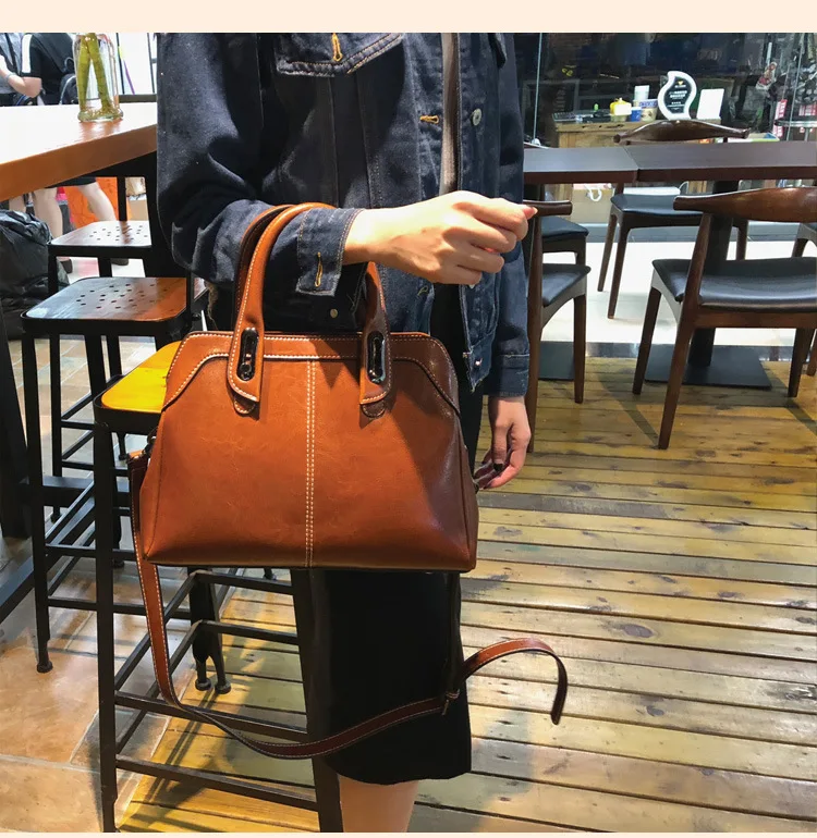 Genuine Leather Women Handbag Top Handle Shoulder Cross Body Bag Fashion Oil Wax Cowhide Purses and Handbags Messenger Tote Bags