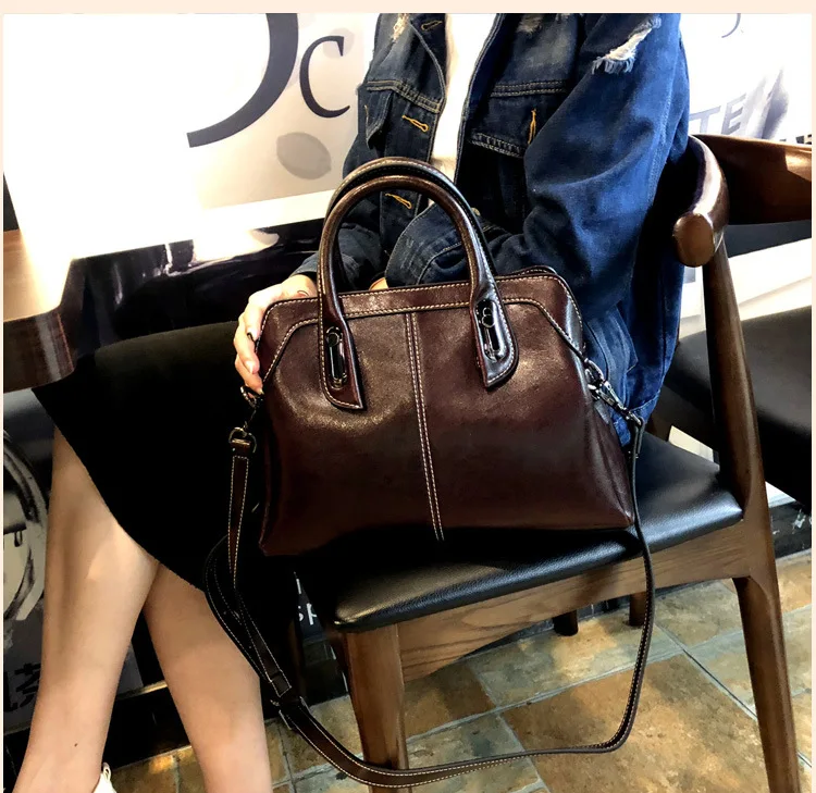 Genuine Leather Women Handbag Top Handle Shoulder Cross Body Bag Fashion Oil Wax Cowhide Purses and Handbags Messenger Tote Bags