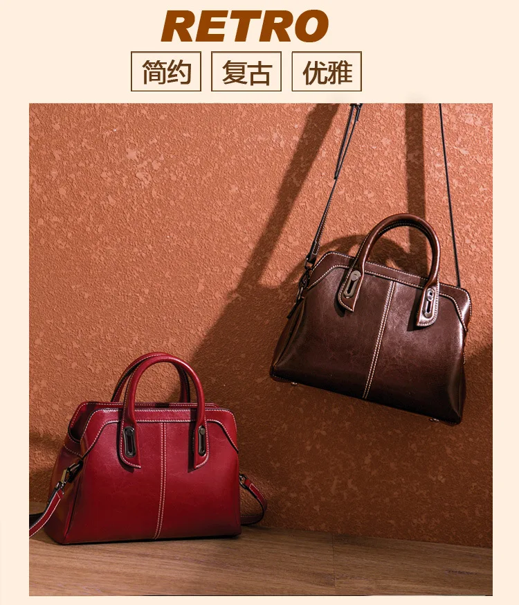Genuine Leather Women Handbag Top Handle Shoulder Cross Body Bag Fashion Oil Wax Cowhide Purses and Handbags Messenger Tote Bags