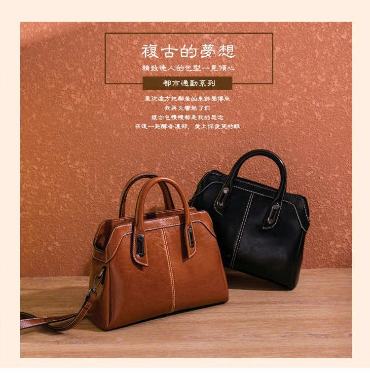 Genuine Leather Women Handbag Top Handle Shoulder Cross Body Bag Fashion Oil Wax Cowhide Purses and Handbags Messenger Tote Bags