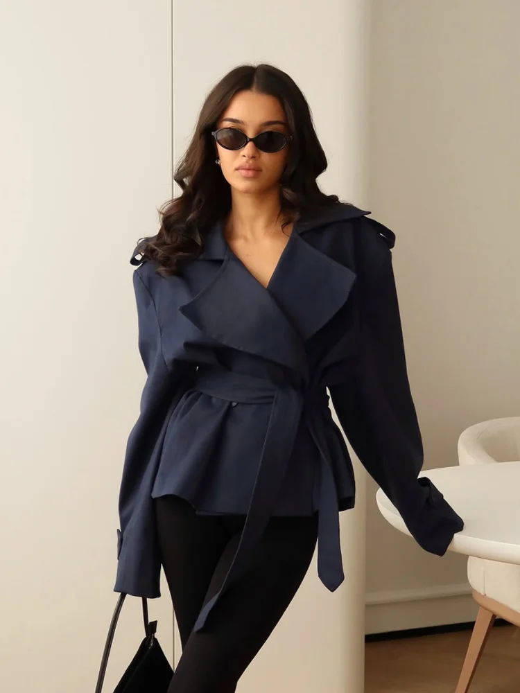 Women Waist Cinching Windbreaker Fashion Solid Laple Neck Button Long Sleeve Single-breasted Coats 2026 Lady Street Solid Jacket