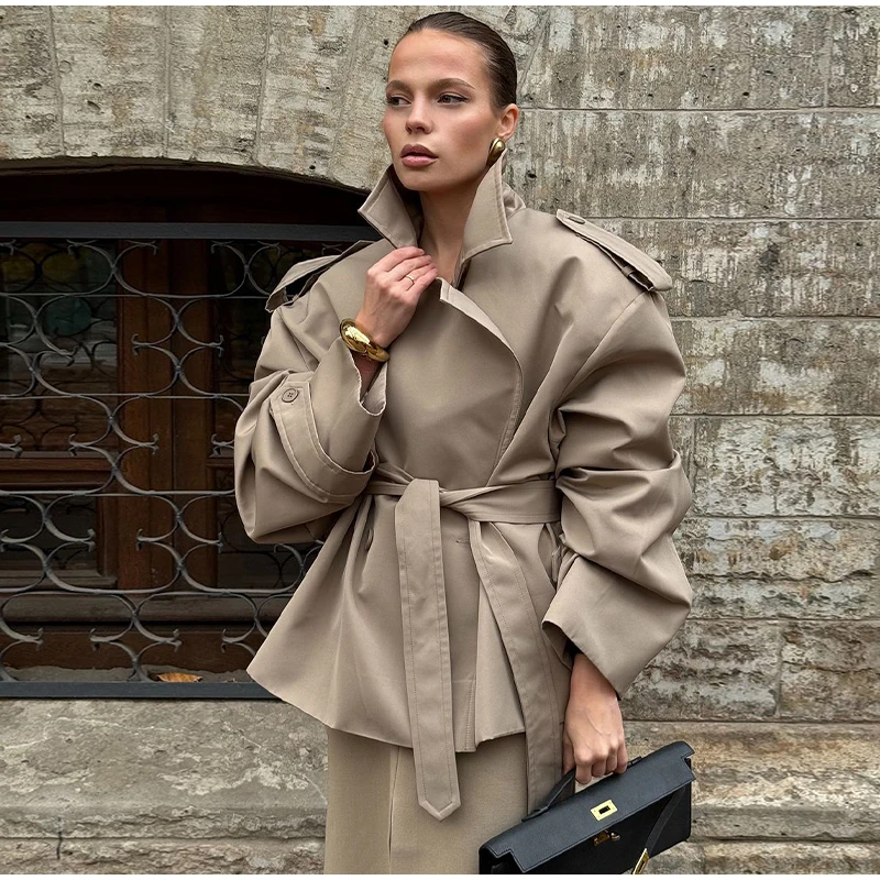 Women Waist Cinching Windbreaker Fashion Solid Laple Neck Button Long Sleeve Single-breasted Coats 2026 Lady Street Solid Jacket