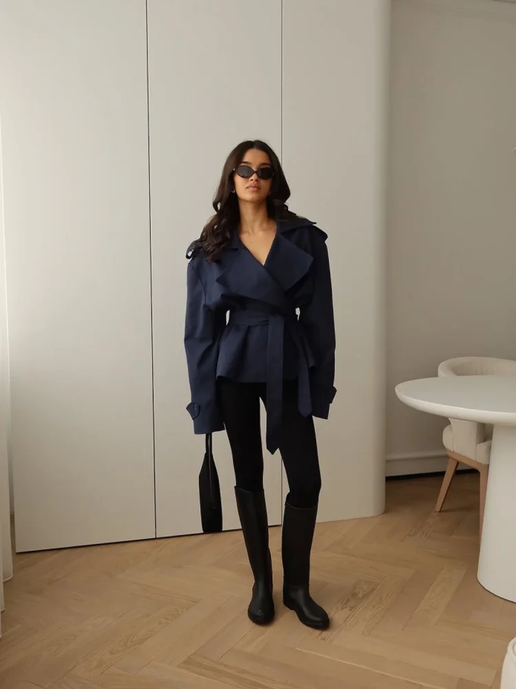 Women Waist Cinching Windbreaker Fashion Solid Laple Neck Button Long Sleeve Single-breasted Coats 2026 Lady Street Solid Jacket
