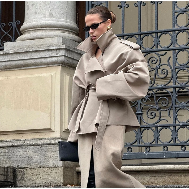 Women Waist Cinching Windbreaker Fashion Solid Laple Neck Button Long Sleeve Single-breasted Coats 2026 Lady Street Solid Jacket
