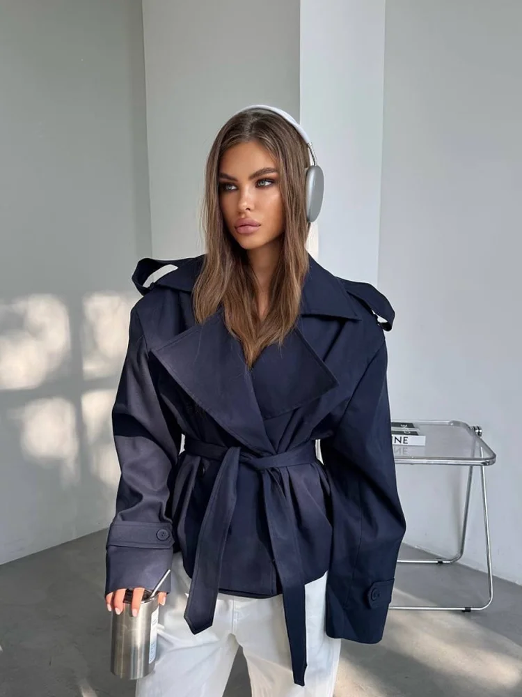 Women Waist Cinching Windbreaker Fashion Solid Laple Neck Button Long Sleeve Single-breasted Coats 2026 Lady Street Solid Jacket