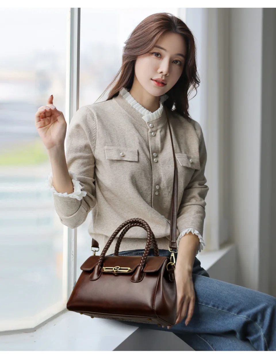Woven Handle High Quality Leather Women Top-handle Shoulder Bags Retro Casual Totes Latest Trendy Lock Designer Handbag Small