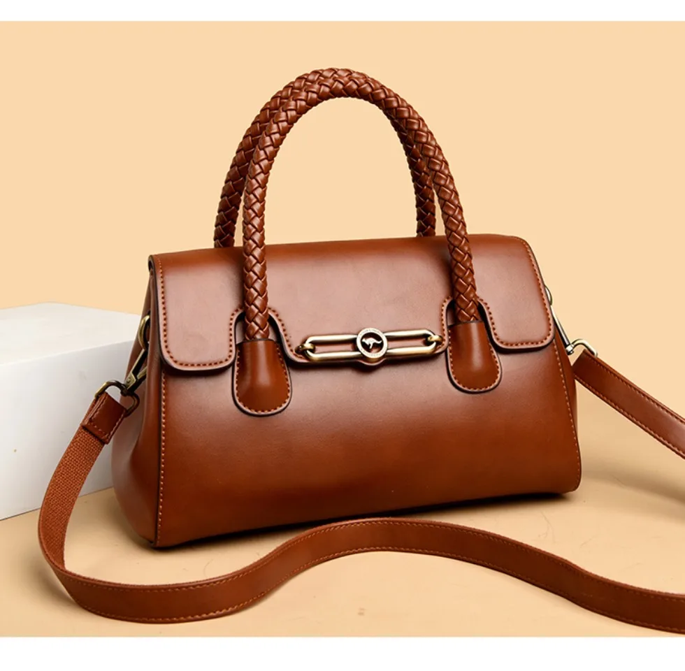 Woven Handle High Quality Leather Women Top-handle Shoulder Bags Retro Casual Totes Latest Trendy Lock Designer Handbag Small