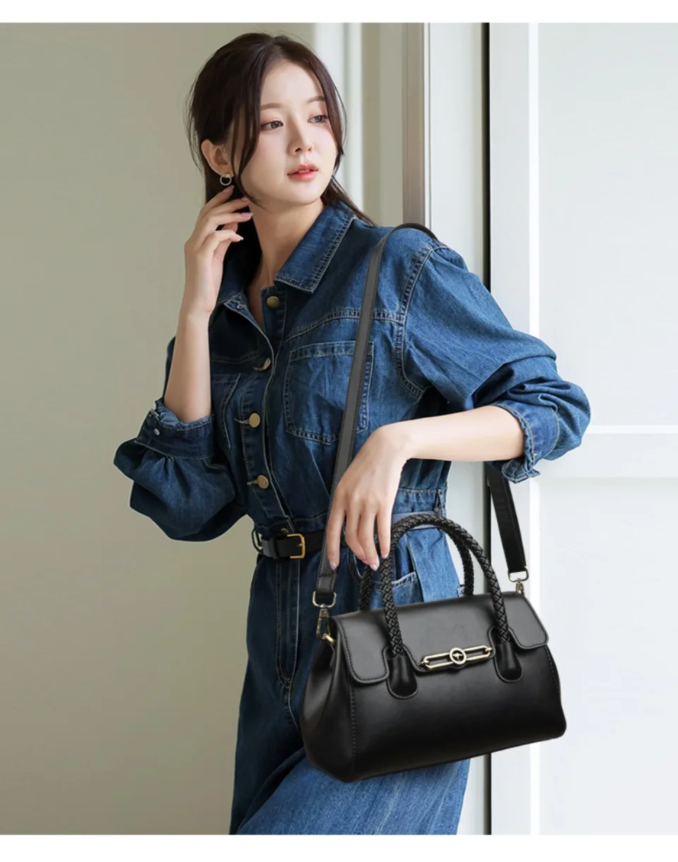 Woven Handle High Quality Leather Women Top-handle Shoulder Bags Retro Casual Totes Latest Trendy Lock Designer Handbag Small